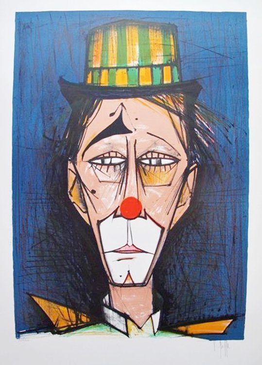 V. BEFFA CLOWN HAND SIGNED LIMITED ED. LITHOGRAPH -: Stone Lithograph Titled "clown On A Blue Background". This Piece Was Hand Signed In By V. Beffa In 1975. V. Beffa Was A French Artist Known To Produce Works In The Style Of Bernard Buffet. Image Measu