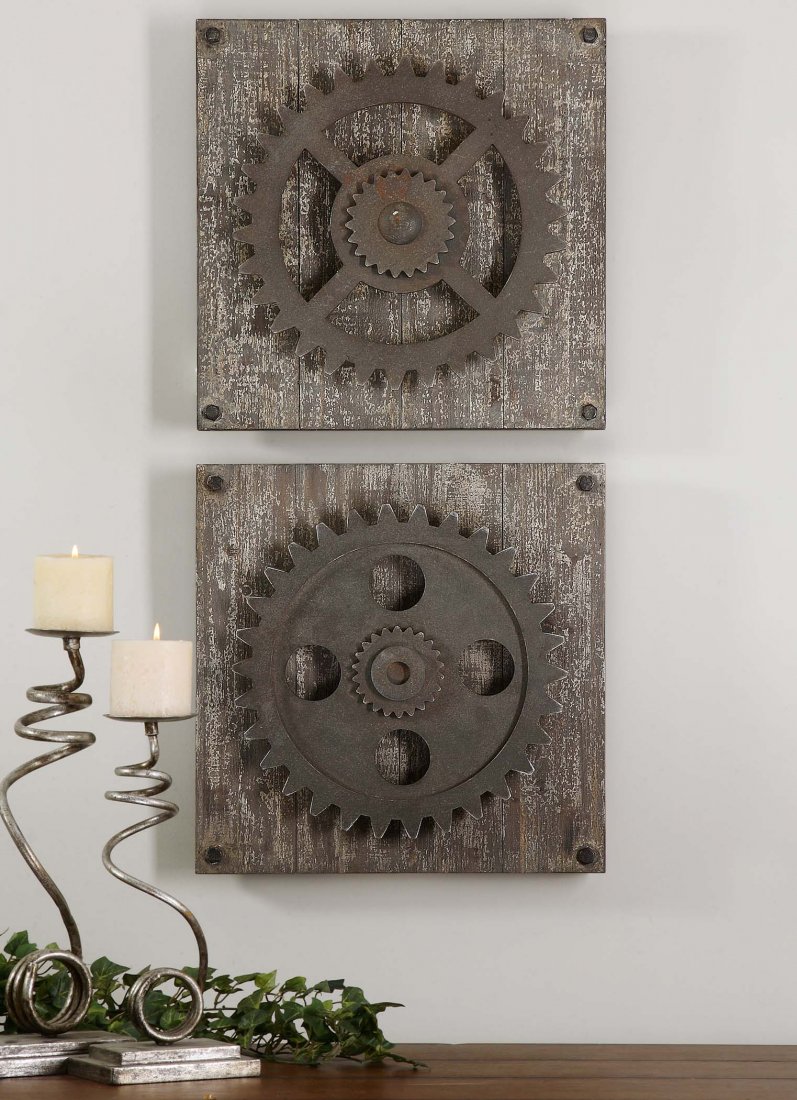RUSTIC GEARS WALL ART, S/2: RUSTIC GEARS WALL ART, S/2 - RUST BRONZE DETAILS ACCENTED WITH HEAVILY DISTRESSED AGED IVORY OVER RUSTIC WOOD. - RUST BRONZE DETAILS ACCENTED WITH HEAVILY DISTRESSED, AGED IVORY OVER RUSTIC WOOD. MATE