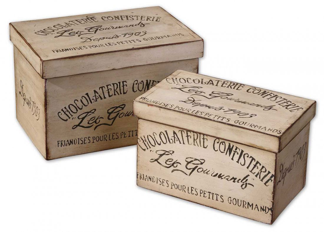 CHOCOLATERIE DECORATIVE BOXES, SET/2: CHOCOLATERIE DECORATIVE BOXES, SET/2 - DISTRESSED, AGED IVORY WITH BURNISHED DETAILS AND BLACK ACCENTS. - MADE OF GENUINE FIR WOOD, THESE BOXES FEATURE A DISTRESSED, AGED IVORY FINISH WITH BURNISHED D