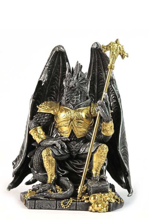 ARMORED DRAGON KING SITTING IN THRONE (PEWTER & GOLD): Armored Dragon King Sitting In Throne (pewter & Gold) - Material - Cold Cast Pewter - Size - (h) 8 1/8
