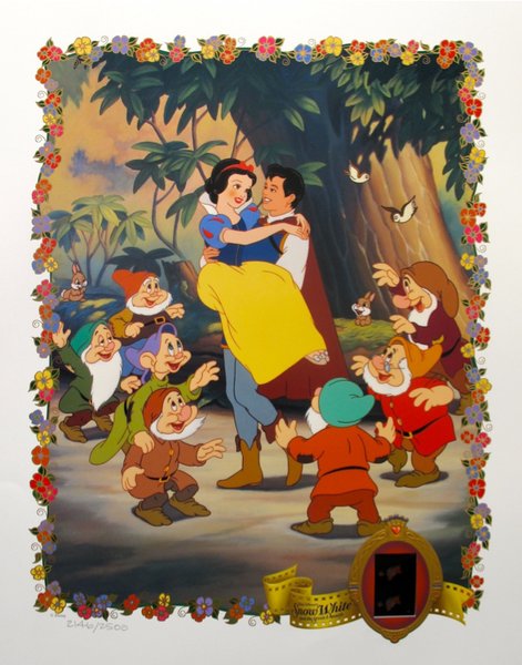 Disney Snow White Limited Edition Lithograph With: Limited Edition Lithograph With Original 35mm Film Cels Produced By Disney Titled "Snow White”. The Film Cells Have Been Hand Cut From The Master Print Taken From The Original Inter-negative Produce