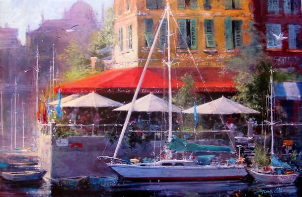 James Coleman "Dockside Cafe” Lithograph: This Is Un-signed Lithograph By James Coleman Titled "Dockside Cafe”.this Piece Is By Famed Disney Artist James Coleman. Image Size: 36? X 24?. Comes Unframed. In Excellent Condition, As Pictured. J