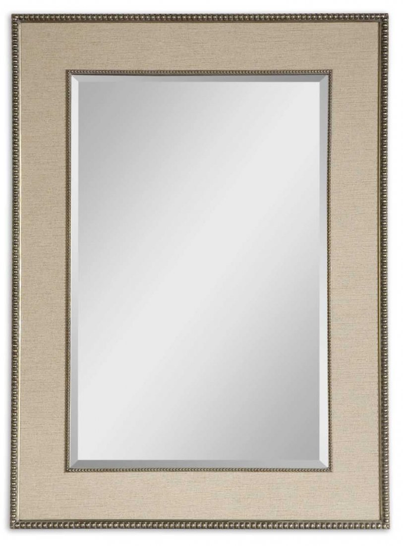 MARILLA BEADED SILVER MIRROR: MARILLA BEADED SILVER MIRROR - HEAVILY BURNISHED BEADED FRAME WITH ANTIQUED SILVER HIGHLIGHTS AND A TAUPE LINEN MATTE. - FRAME'S INNER AND OUTER EDGES FEATURE A DELICATE BEADING DETAIL WITH A HEAVILY