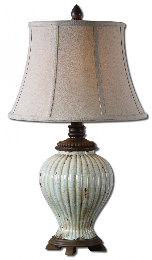 DERNICE AGED CERAMIC TABLE LAMP: DERNICE AGED CERAMIC TABLE LAMP - HEAVILY CRACKLED, AGED IVORY BLUE CERAMIC WITH RUST DISTRESSING AND CHOCOLATE BRONZE DETAILS. - HEAVILY CRACKLED, AGED IVORY BLUE CERAMIC WITH RUST DISTRESSING AND CH