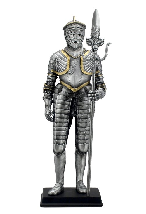 MEDIEVAL ARMOR WITH KNEE-LENGTH TASSET AND PARTISAN: Medieval Armor With Knee-length Tasset And Partisan - Material - Poly Stone - Size - (h) 11 3/4
