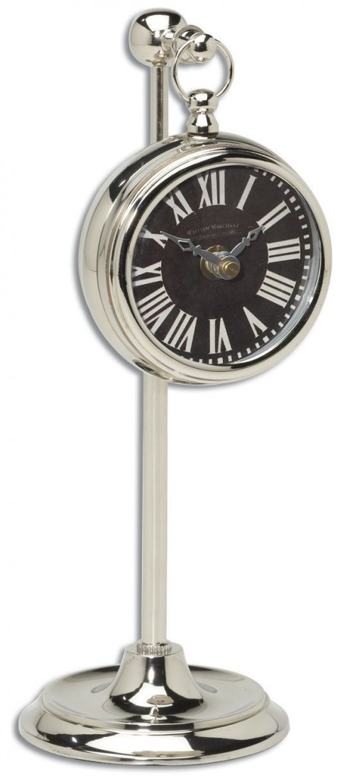 POCKET WATCH NICKEL MARCHANT BLACK: POCKET WATCH NICKEL MARCHANT BLACK - NICKEL PLATED BRASS POCKET WATCH REPLICA THAT HANGS ON AN ADJUSTABLE TELESCOPIC STAND. REQUIRES 1-AA BATTERY. - NICKEL PLATED BRASS POCKET WATCH REPLICA THAT HANGS