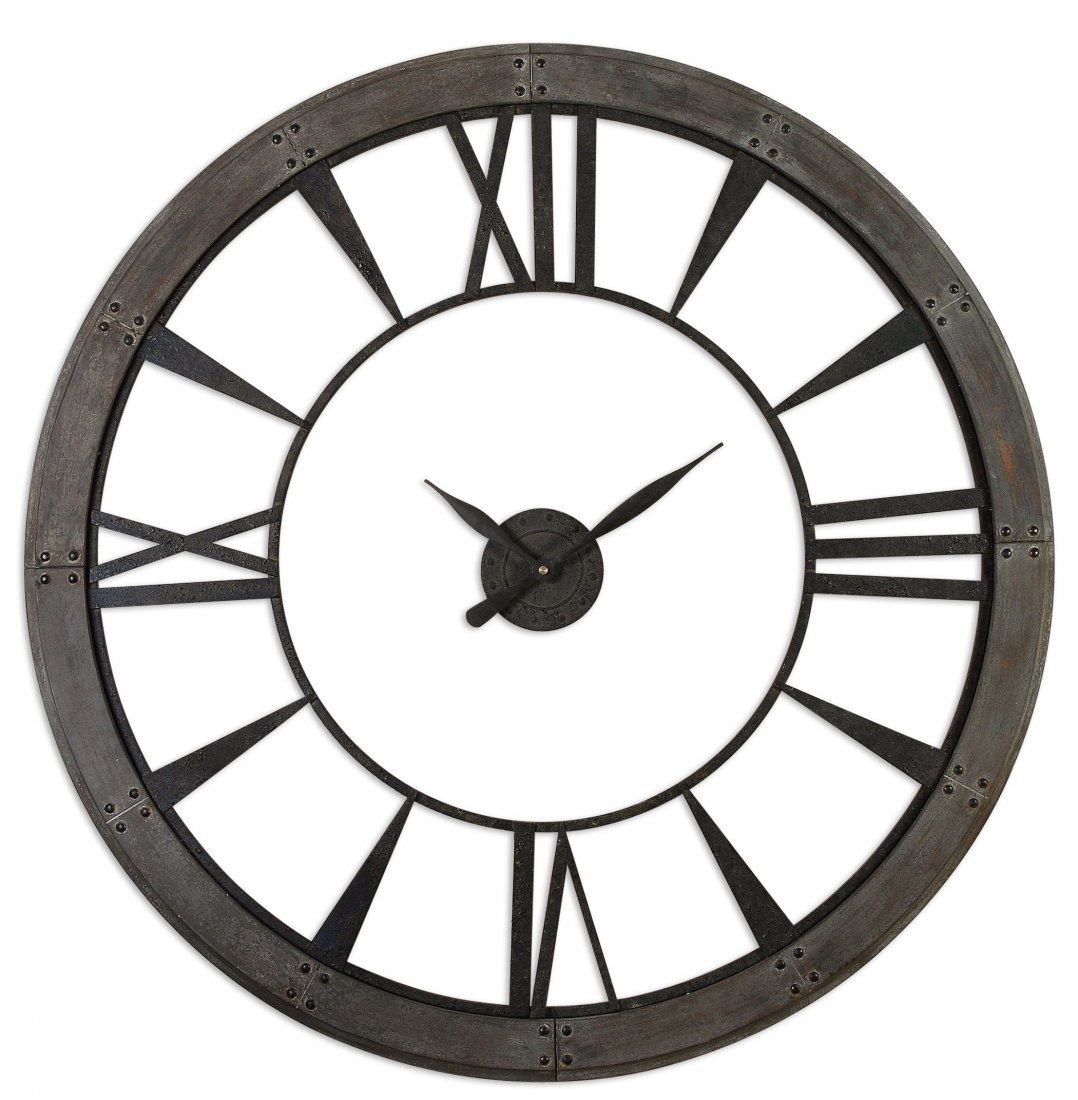RONAN WALL CLOCK, LARGE: RONAN WALL CLOCK, LARGE - DARK RUSTIC BRONZE ACCENTED WITH A RUST GRAY FRAME. - DARK, RUSTIC BRONZE FINISH ACCENTED WITH A RUST GRAY FRAME. QUARTZ MOVEMENT. MATERIAL: MDF/METAL OVERALL DEPTH IN INCHES