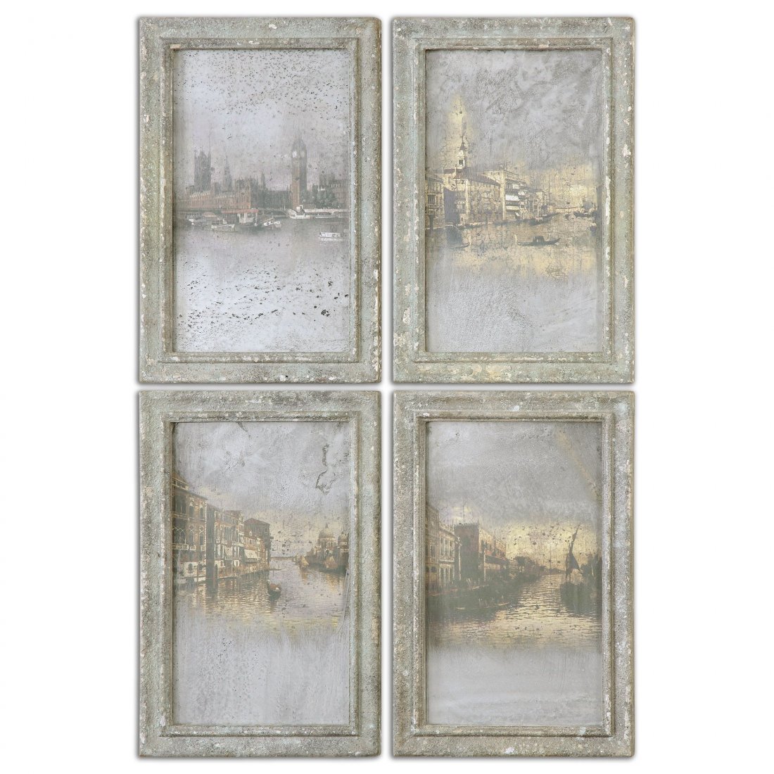 ANTIQUE VENETIAN VIEWS, S/4: ANTIQUE VENETIAN VIEWS, S/4 - SEE SPECIAL INSTRUCTIONS - FRAMES FEATURE COLORS OF MOTTLED GRAYS, BLUE-GREENS AND TAUPES WITH A SILVER AND TAUPE GLAZE. PRINTS ARE UNDER GLASS. MATERIAL: ANTIQUE MIRROR 