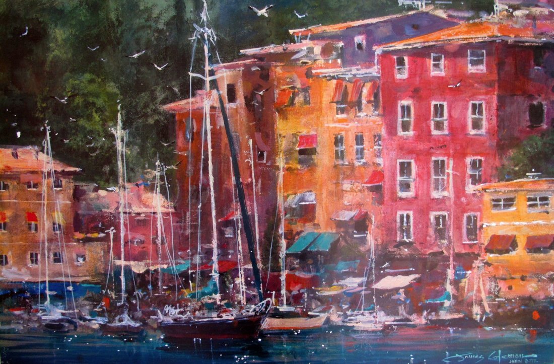 James Coleman "Portofino Afternoon” Lithograph: This Is Un-signed Lithograph By James Coleman Titled "Portofino Afternoon”.this Piece Is By Famed Disney Artist James Coleman. Image Size: 36? X 24?. Comes Unframed. In Excellent Condition, As Pictu