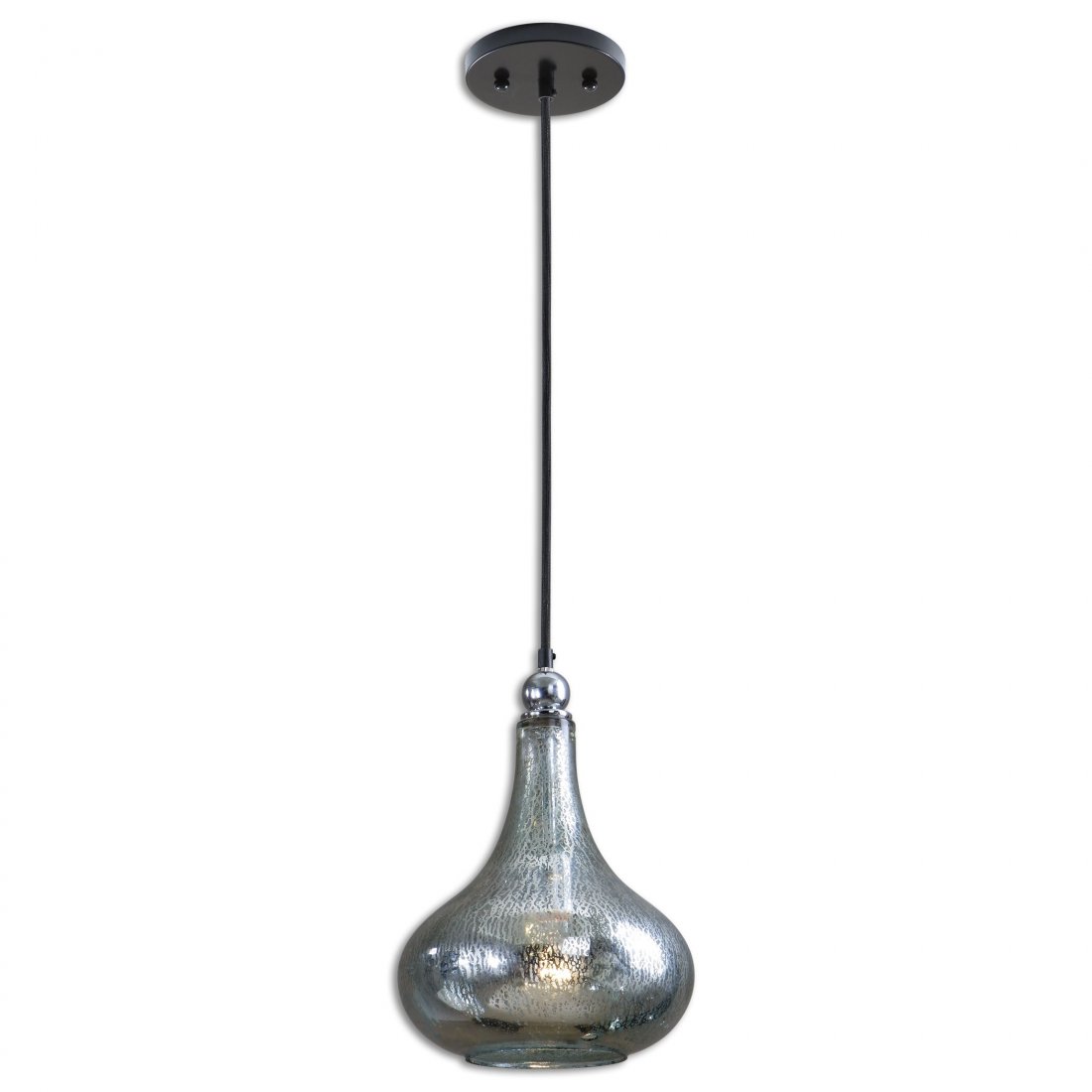 NORBELLO 1 LIGHT MINI PENDANT: NORBELLO 1 LIGHT MINI PENDANT - BLUE-GREEN MERCURY GLASS WITH PLATED CHROME ACCENTS. - BLUE-GREEN MERCURY GLASS WITH PLATED CHROME ACCENTS. VOLTAGE: 110 MATERIAL: METAL,GLASS OVERALL HEIGHT IN INCHES: