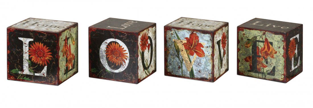 LOVE LETTERS DECORATIVE BOXES, SET/4: LOVE LETTERS DECORATIVE BOXES, SET/4 - EACH BLOCK IS ADORNED WITH COLORFUL ARTWORK IN WHICH LETTERS CAN BE PUT TOGETHER TO SPELL, LOVE, HOME OR LIVE. - EACH BLOCK HAS EITHER THE WORD LOVE, LIVE, HOME