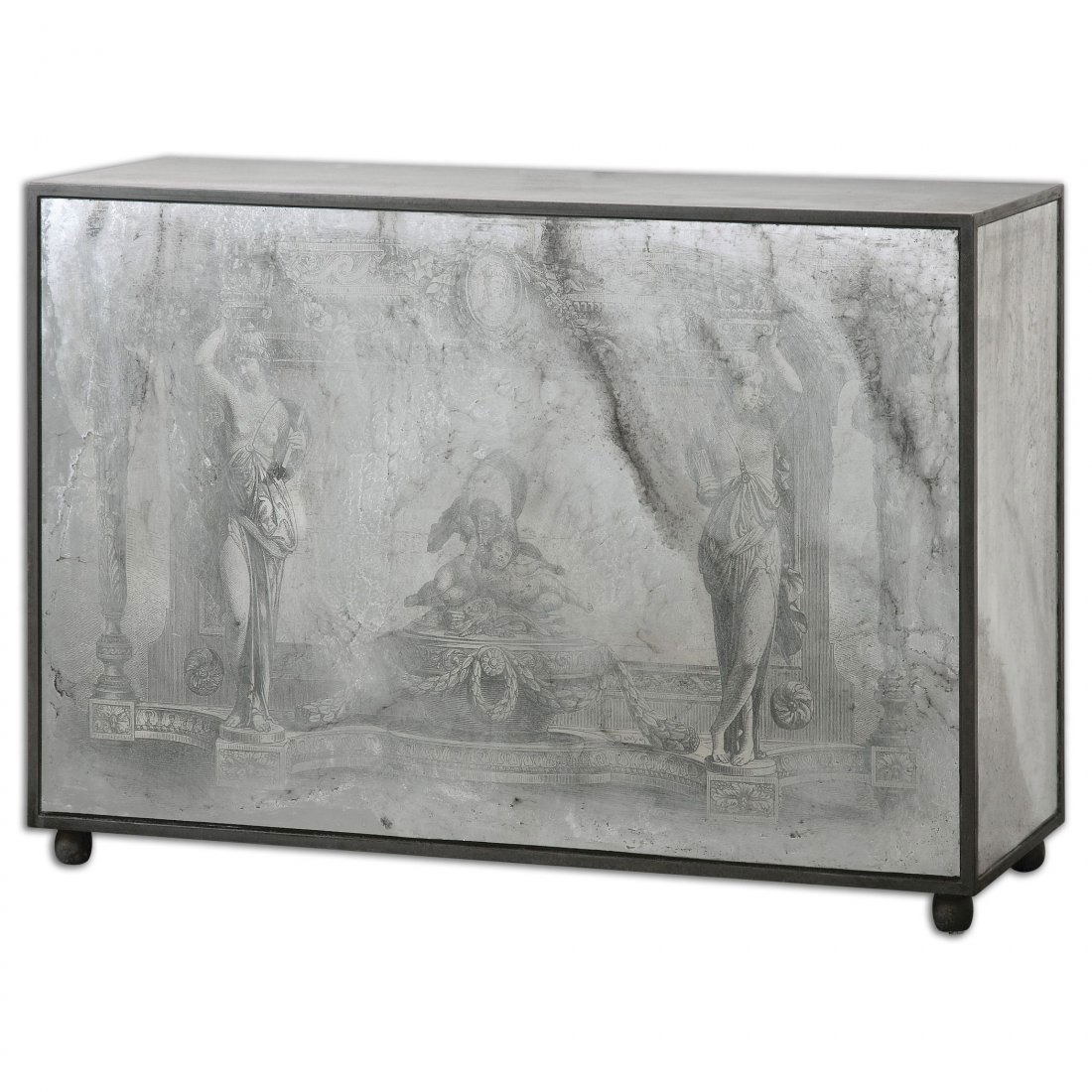 ANTHEIA MIRRORED CONSOLE TABLE: ANTHEIA MIRRORED CONSOLE TABLE - ANCIENT STONE SCENERY IS REVERSE PAINTED ON ANTIQUED MIRROR, WITH A WOOD FRAME AND BUN FEET IN SOFT BLACK WITH GRAY AND LIGHT BROWN ACCENTS AND A GRAY WASH. - ANCIENT