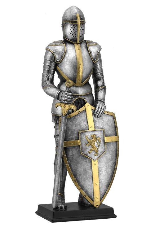 MEDIEVAL ARMOR WITH SWORD AND LION CREST ON SHIELD: Medieval Armor With Sword And Lion Crest On Shield - Material - Poly Stone - Size - (h) 13
