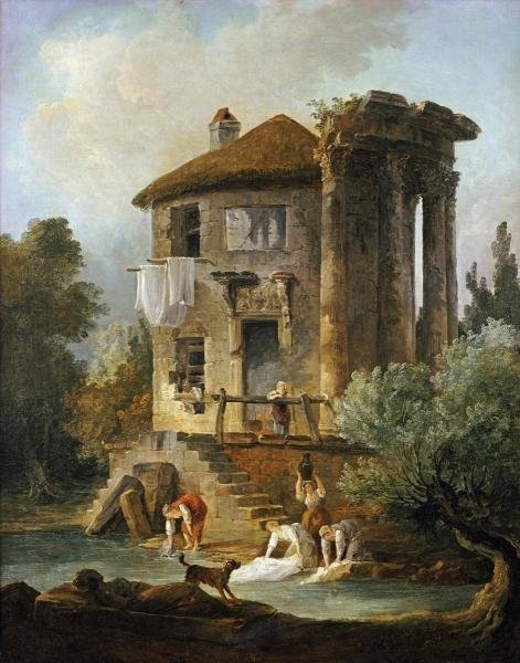 HUBERT ROBERT - WASHERWOMEN OUTSIDE THE TEMPLE OF THE: Hubert Robert - Washerwomen Outside The Temple Of The Sibyl, Tivoli - 31 1/2 X 40 In. - Giclée On Canvas - Museum Wrapped - Large Piece Of Art - This Piece Is Ready To Hang On Your Wall