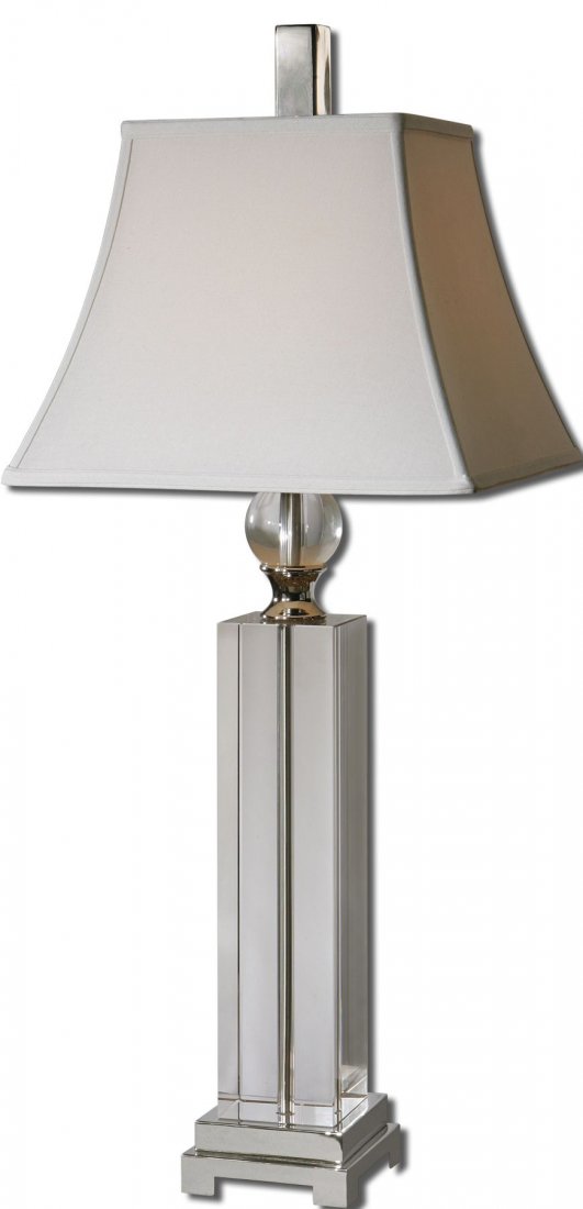 SAPINERO CRYSTAL TABLE LAMP: SAPINERO CRYSTAL TABLE LAMP - THICK CRYSTAL BASE AND BALL ACCENT WITH POLISHED NICKEL PLATED METAL DETAILS. - THICK CRYSTAL BASE AND BALL ACCENT WITH POLISHED NICKEL PLATED METAL DETAILS. THE SQUARE B