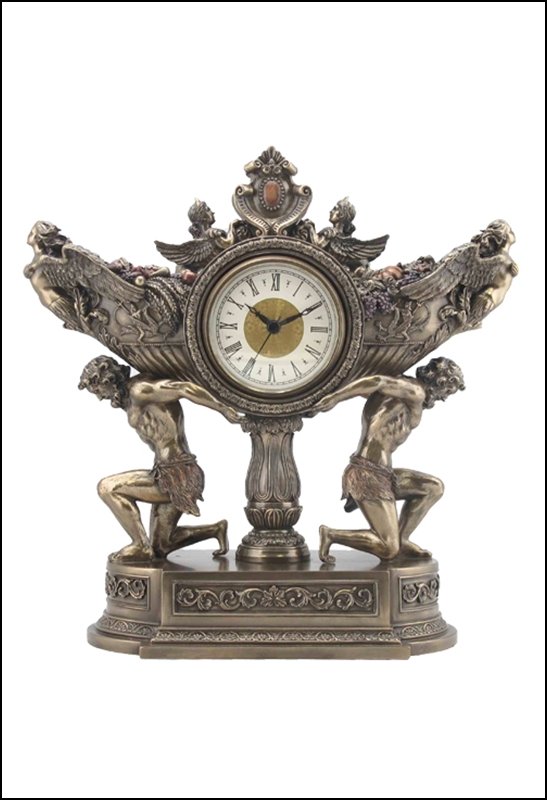 STRONG MEN CARRYING VESSEL OF HARVEST CLOCK - BRONZE: Strong Men Carrying Vessel Of Harvest Clock - Material - Poly Stone - Size - 11 5/8