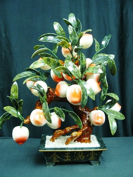 JADE PEACHES TREE: Jade Peaches Tree - Size: Wide 16", Deep 12", High 18" - This Jade Peaches Tree Is Made Of Multiple Jades. The Peaches Are Made Of Southern Jade And The Leaves And Pot Are Made Of Taiwan Jade. The Bra