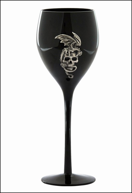 DRAGON ON SKULL WINE GLASS: Dragon On Skull Wine Glass - Material - Glass & Pewter - Size - (h) 9 1/4
