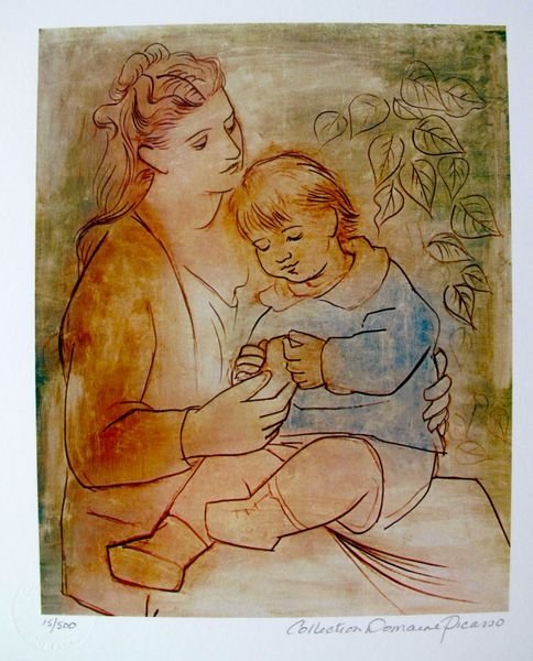 Pablo Picasso Mother And Child Estate Signed Limited: Pablo Picasso Small Giclee Titled “mother And Child”. This Piece Is Pencil Signed On The Lower Right As ‘collection Domaine Picasso’ And Has An Embossed Seal Stamped By The Picasso Estate. Pen