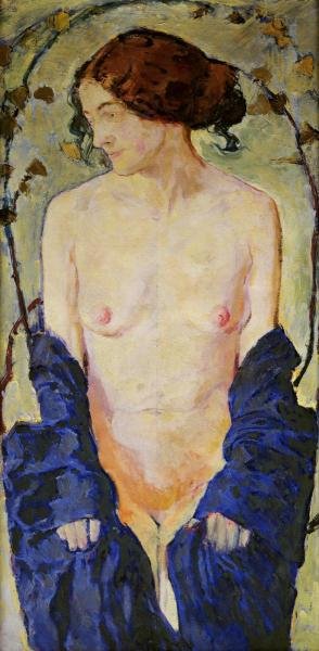 Kolomon Moser - Standing Nude With Blue Robe: Kolomon Moser - Standing Nude With Blue Robe - 19 5/8 X 40 In. - Giclée On Canvas - Museum Wrapped - Large Piece Of Art - This Piece Is Ready To Hang On Your Wall
