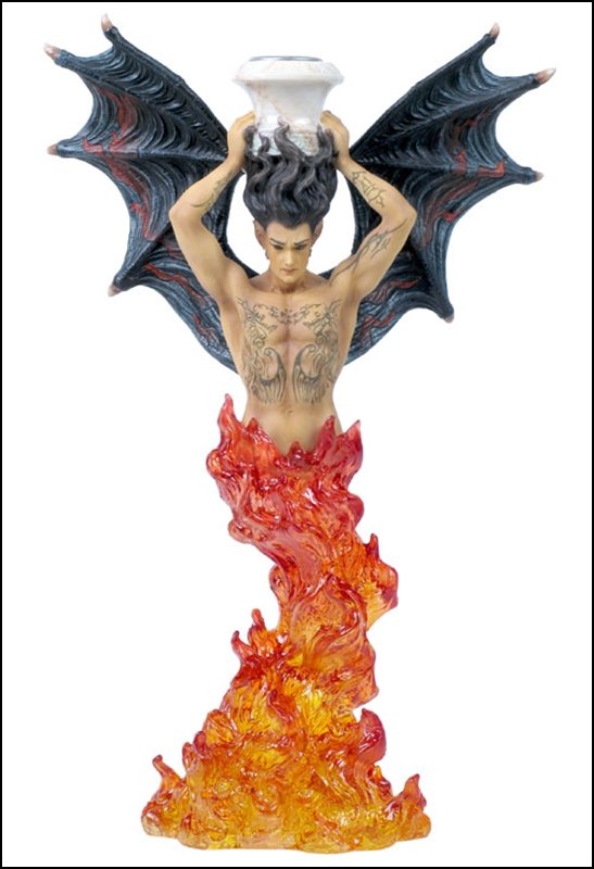 TATOOED DEMON CANDLE HOLDER: Tatooed Demon Candle Holder - Material - Poly Stone - Size - (h) 12 1/4