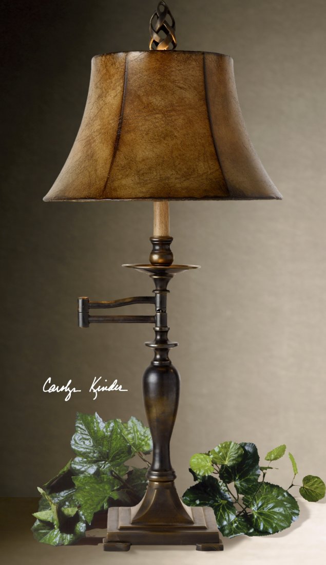 Romina Swing Arm Table Lamp: Romina Swing Arm Table Lamp - Distressed Antique Bronze With Rubbed Patina Finish. - This Swing Arm Table Lamp Is Oxidized Brass With A Rubbed Patina Finish. The Round Bell Shade Has A Hand Antiqued,