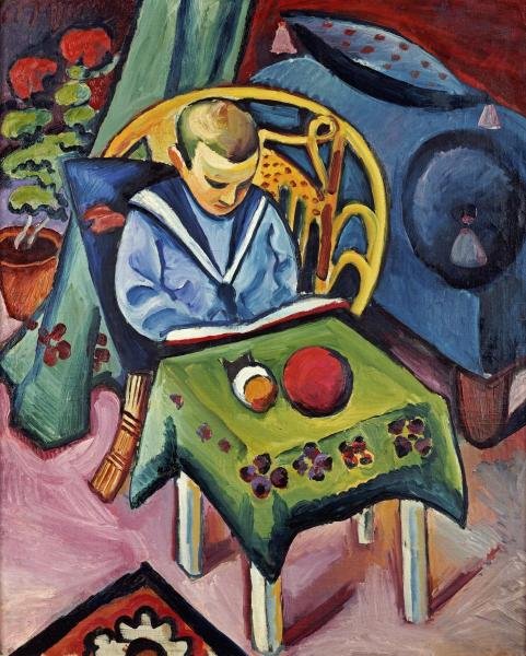 AUGUST MACKE - A YOUNG BOY WITH BOOKS AND TOYS: August Macke - A Young Boy With Books And Toys - 28 7/8 X 36 In. - Giclée Print - Gallery Stretched - Ready to hang.