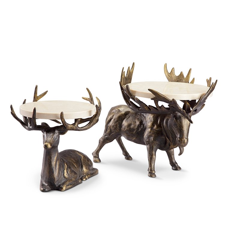 Lodge Collection Deer Buffet Stands S/2: Lodge Collection Deer Buffet Stands S/2 - Dimensions: 10”h 25”w 25”d Material: Aluminum & Marble Weight: 7.5lbs