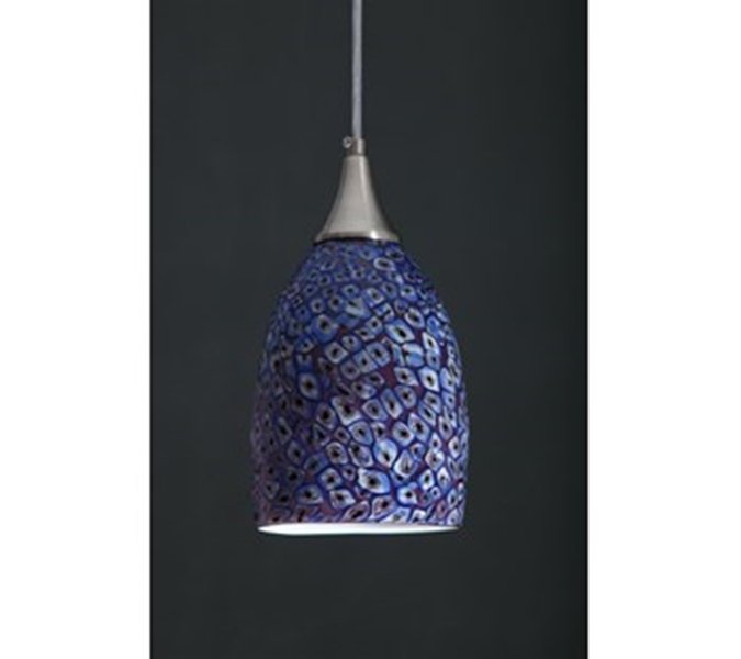 Hand Blown Glass Line Voltage Aqua Millifiore Pendant: Hand Blown Glass Line Voltage Aqua Millifiore Pendant Brushed Nickel. Medium Base 60w Dimensions 5x8"