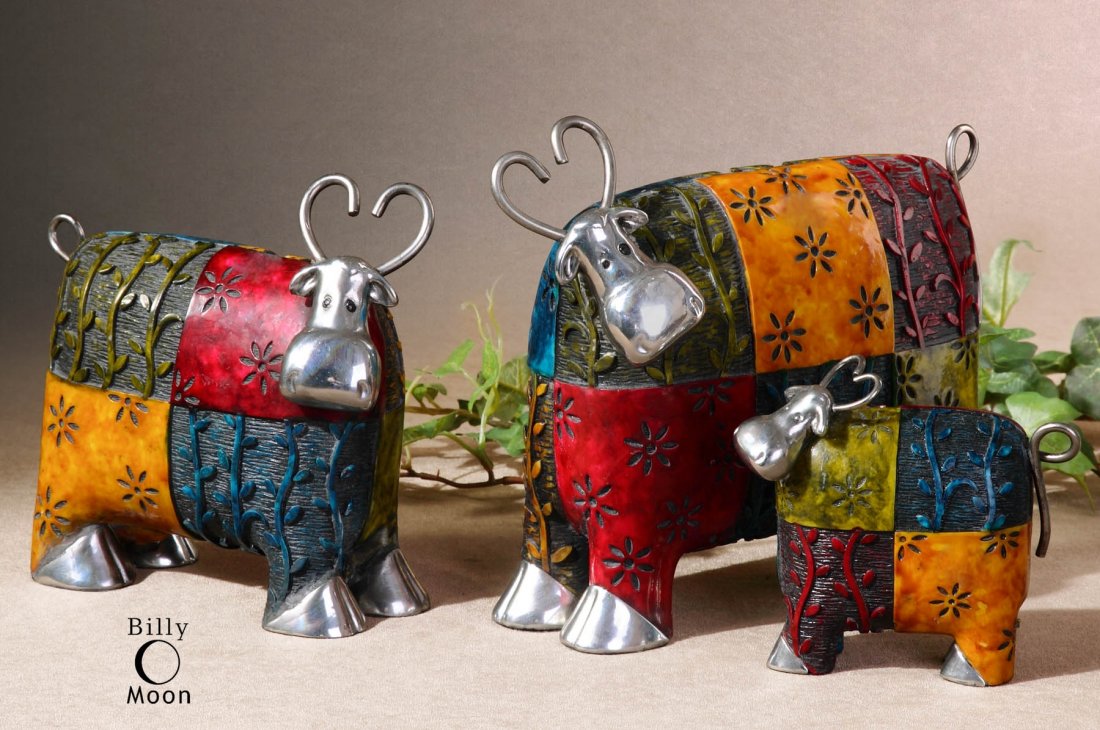 Colorful Cows Metal Figurines, Set/3: Colorful Cows Metal Figurines, Set/3 - Multiple Tones Of Green, Red, Blue, And Orange With Silver Plated Metal Accents. - These Whimsical Accessories Are Made Of Metal And Finished In Multiple Tones O