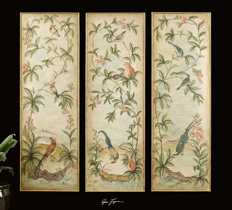 Aviary Vintage Art Panels Set/3: Aviary Vintage Art Panels Set/3 - Distressed Gold Leaf With Bronze Undertones. - This Hand Painted Artwork On Canvas Is Applied To A Wood Back Surrounded By A Wood Frame With Hand Applied Gold Leaf. D