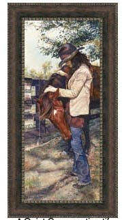 Wesley Dallas Merritt - A Quiet Conversation 12x20: "a Quiet Conversation" Is A Western Canvas Giclee By Wesley Dallas Merritt. Rustic Wood Finish With Gold Studded And Scrolled Edged Frame. This Makes An Overall Framed Size Of 12x20. - 12x20