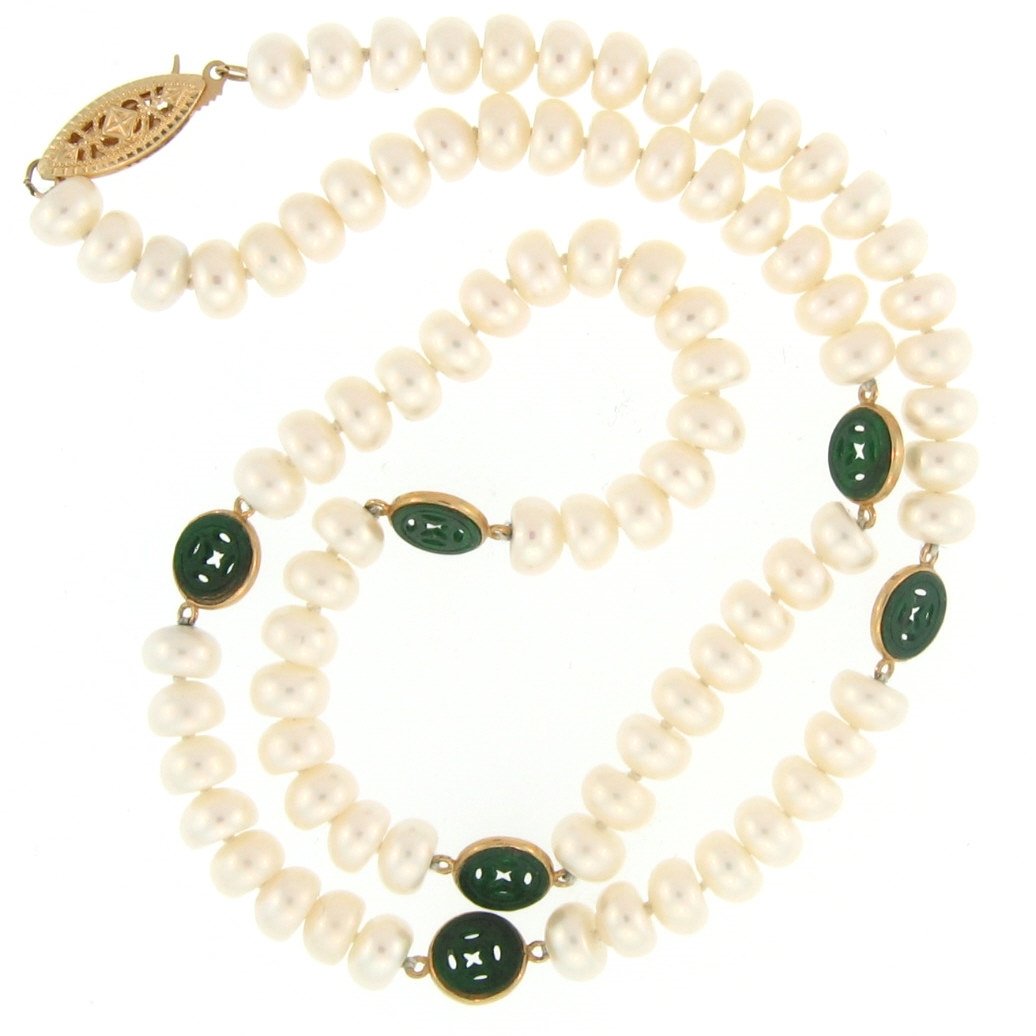 Natural Green Grade A Jade Necklace: Metal: Yellow Gold Karat: 14k Stone Size: Pearls = 6.5m Length: 0" Details: Carved Jade Coins_____This Item Is Guaranteed Jadeite/Grade A Jade Which Means It Has No Dye Or Fillers And Is Of The Highes