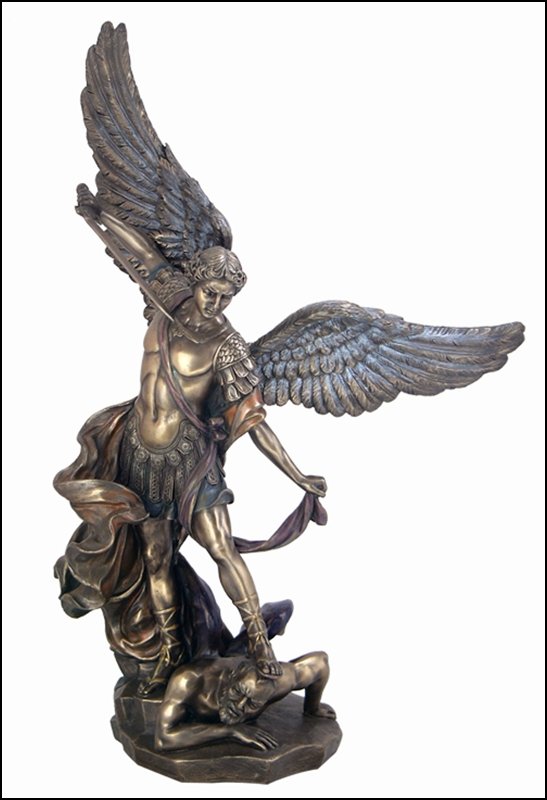 ST. MICHAEL TRAMPLES DEMON - Cold Cast Bronze: St. Michael Tramples Demon - Material - Electro-Plated Bronze - Size - 14 5/8