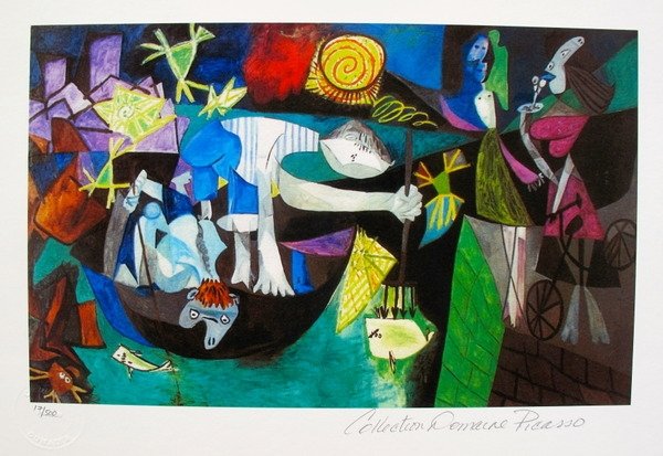 Pablo Picasso Night Fishing At Antibes Estate Signed: Pablo Picasso Small Giclee Titled "Night Fishing At Antibes”. This Piece Is Pencil Signed On The Lower Right As ‘collection Domaine Picasso’ And Has An Embossed Seal Stamped By The Picasso Estat