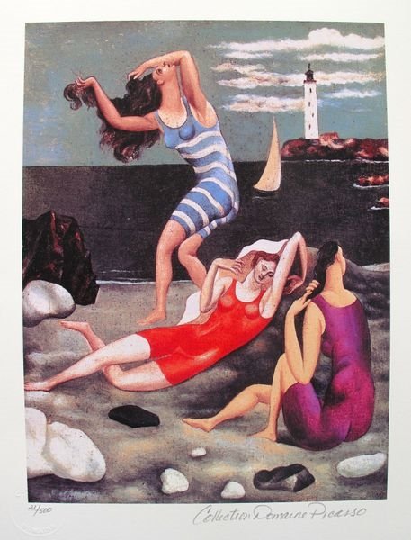 Pablo Picasso The Bathers Estate Signed Limited Edition: Pablo Picasso Small Giclee Titled "The Bathers”. This Piece Is Pencil Signed On The Lower Right As ‘collection Domaine Picasso’ And Has An Embossed Seal Stamped By The Picasso Estate. Pencil Num