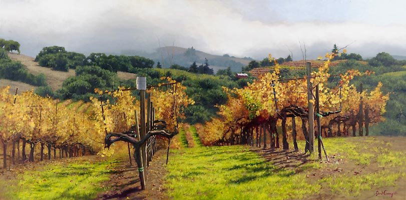 June Carey - Fall Vineyard: June Carey - Fall Vineyard - Hand Signed - Limited Edition Print - Image Size: 33"w X 18 1/2"h. Limited Edition Of: 550 - As Visitors And Residents Of California’s Fabled Napa Valley Wine Country Kn
