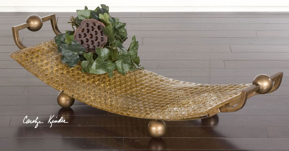 Etro Golden Glass Tray: Etro Golden Glass Tray - Hand Shaped Art Glass With A Golden Hue And Varying Textures From Rough To Smooth Sitting On A Coffee Bronze Metal Stand. - Hand Shaped Art Glass With A Golden Hue And Varying