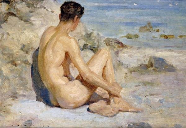 HENRY SCOTT TUKE - BOY ON A BEACH: Henry Scott Tuke - Boy On A Beach - 36 X 24 3/4 In. - Giclée Print - Gallery Stretched - Ready to hang.