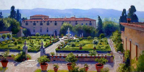 June Carey - Villa Di Castello: June Carey - Villa Di Castello - Hand Signed - Canvas Edition -image Size: 60"w X 30"h. Limited Edition Of: 50 - In This Sumptuous Landscape By June Carey, She Offers Her Vision Of The Grand Italian G