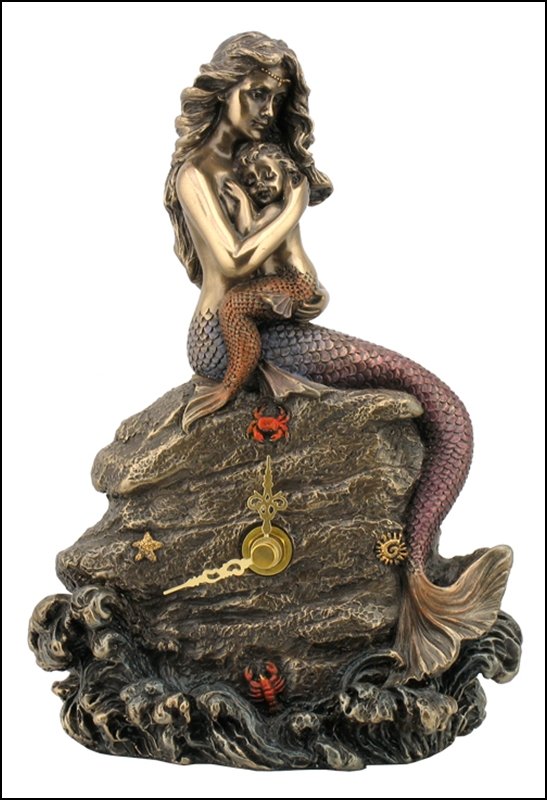 MERMAID MOTHER AND BABY SITTING ON SEASIDE ROCK CLOCK -: Mermaid Mother And Baby Sitting On Seaside Rock Clock - Material - Electro-Plated Bronze - Size - 7 7/8