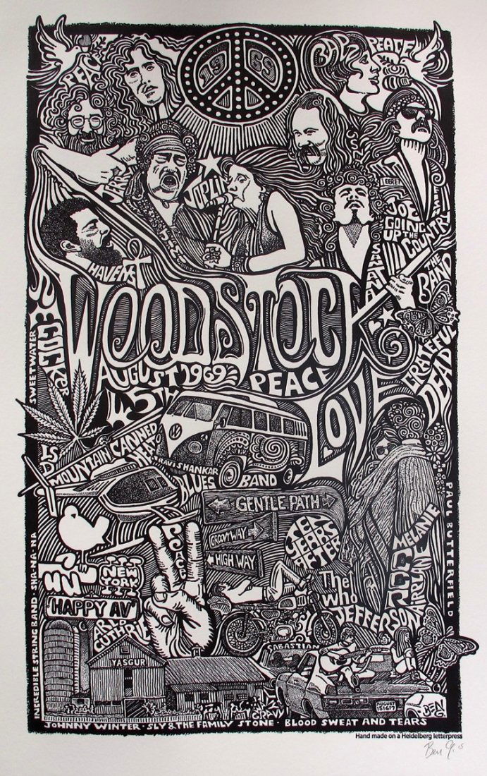 Woodstock 1969 Psychedelic Hand Signed Posterography: Rare Limited Edition Woodstock Art Piece. Hand Signed By The Artist Ben G. The Picture Can Not Capture The Spectacular Psychedelic Look And Feel Of These. It Pops Right Out At You And There Is So Much