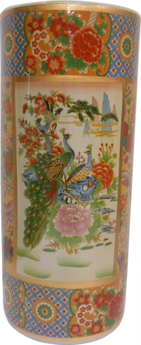 Porcelain Umbrella Stand in Japanese Satsuma Peacock: Porcelain Umbrella Stand in Japanese Satsuma Peacock Design_