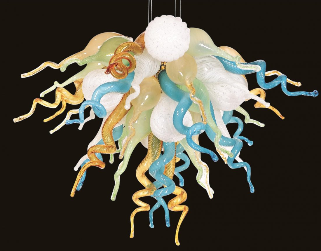Art Glass: Aqua, amber and lime twist mini chandelier____D=36" H=30"
