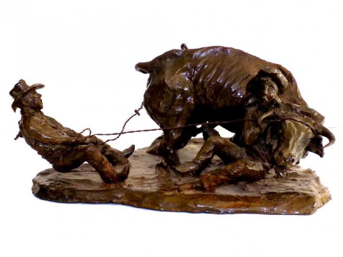T.R. CHYTKA - WILD COW MILKIN CONTEST BRONZE T.R.: T.R. Chytka - Texas Rodeo Cowboy Bronze sculpture entitled "The Wild Cow Milkin Contest" Signed & dated 1978 c. Similar to the Rodeo Trophies given to Rick Chatman of the Texas Rodeo Cowboy Hall of Fa