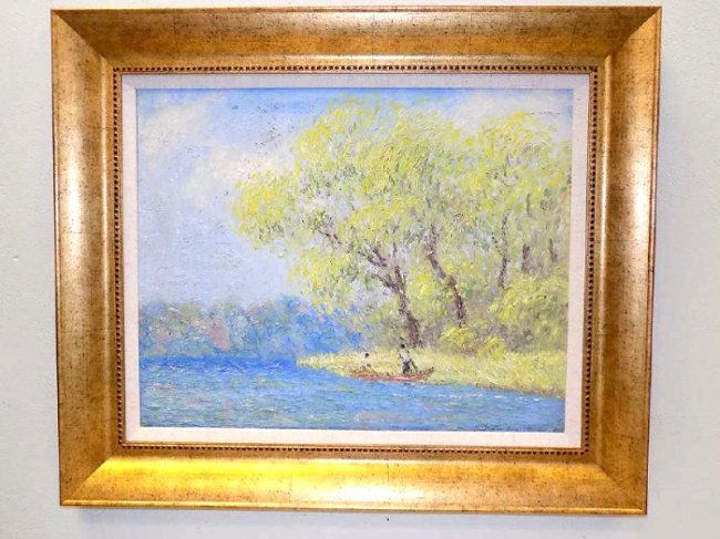 MONET STYLE IMPRESSIONIST PAINTING Illegibly Signed: Illegibly Signed Impressionist oil painting in the style of Claude Monet. Depicting figures boating near a woodland lake. Signed lower right. 20 1/2" x 25 1/2". 26" x 31 1/2" Gilt frame.