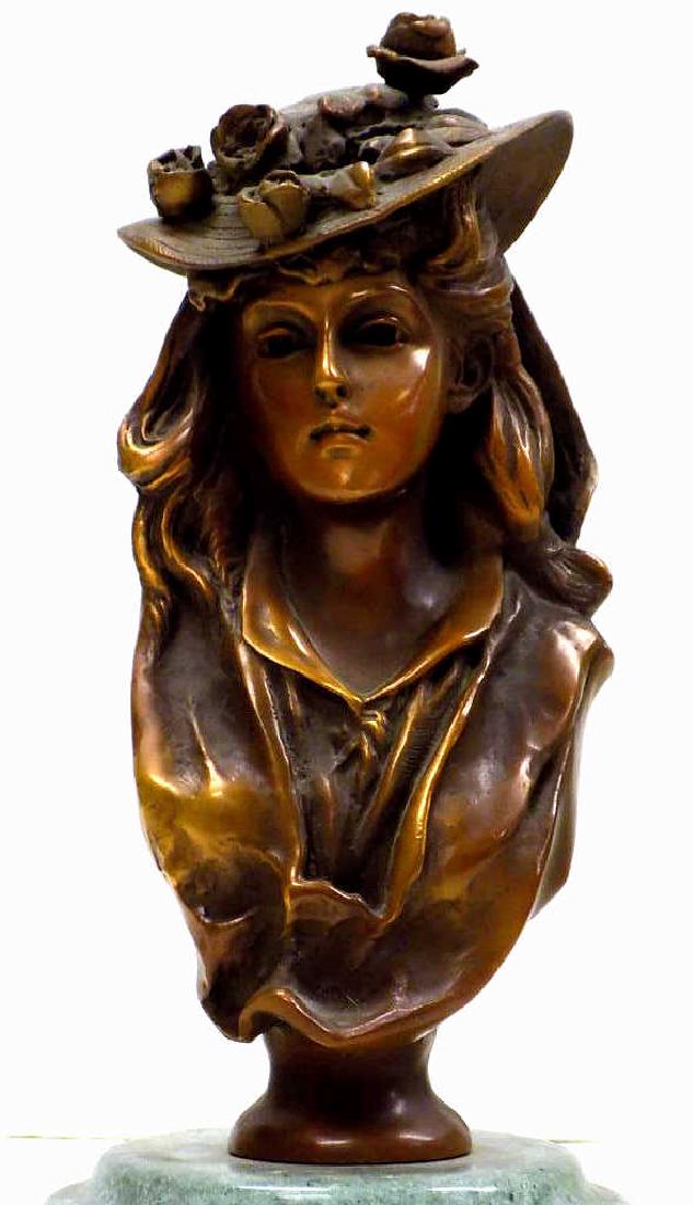 AUGUSTE RODIN - MAIDEN BRONZE Auguste Rodin - French: Auguste Rodin - French 1840-1917 - Bronze sculpture of a lovely maiden wearing a hat with roses. Mounted on a green marble base. H 8 1/2". 10 1/2" Total Height.