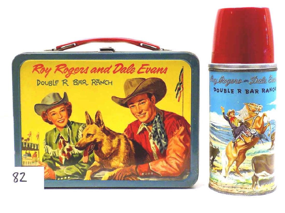 ROY ROGERS & DALE EVANS DOUBLE R RANCH LUNCH BOX: Vintage 1950's Roy Rogers and Dale Evans American Thermos Bottle Company tin lithographic Cowboy Toy Lunch box with Thermos. Silver sides.