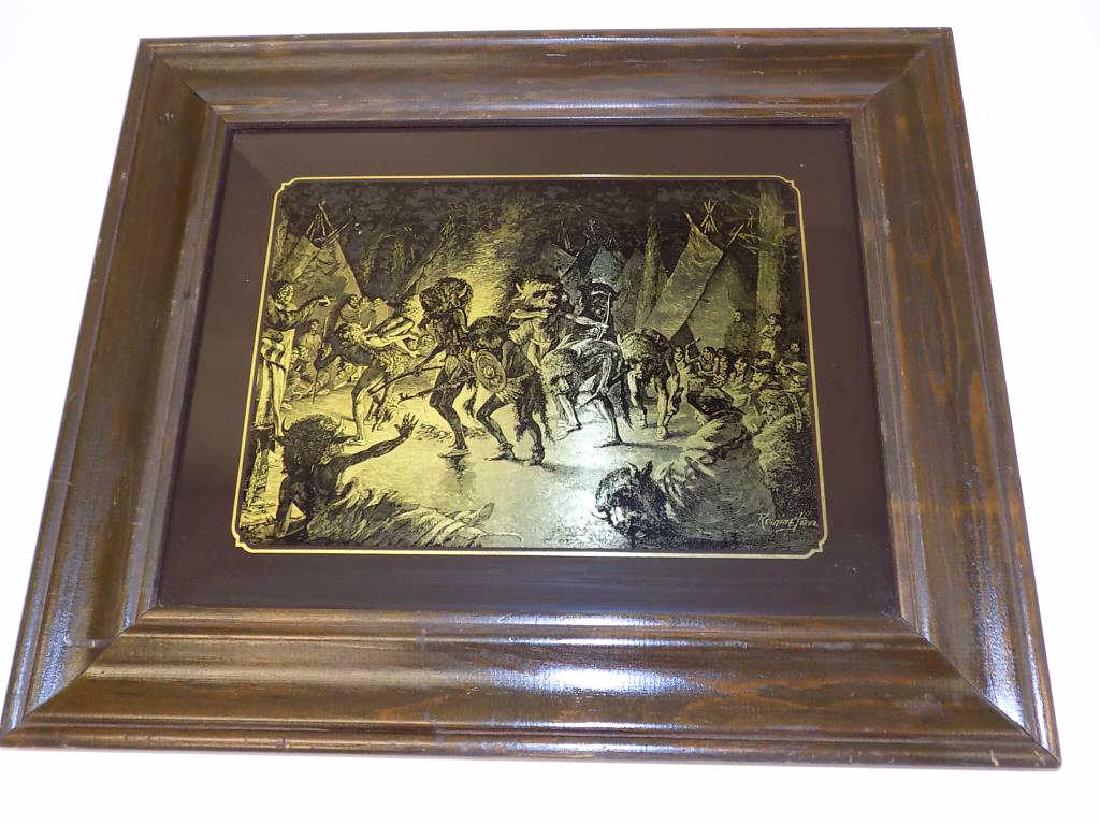 FREDERIC REMINGTON - INDIAN DANCE EGLOMISE ETCHING: Frederic Remington American 1861-1909 - Vintage Eglomise glass etching of a ceremonial Indian Buffalo Dance. Gold foil backing. Signed in plate lower right. 15 1/2" x 18 1/2" Pine frame.
