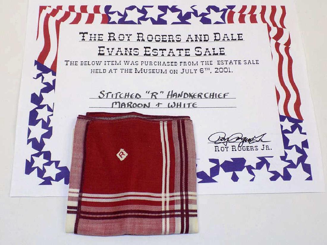 ROY ROGERS OWNED PERSONAL HANDKERCHIEF Legendary Cowboy: Legendary Cowboy Western Television Star Roy Rogers owned personal Red handkerchief with Stitched R. Comes with Certificate of Authenticity from The Roy Rogers and Dale Evans Estate Sale held by the R